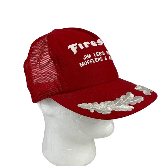 Vintage Firestone USA Made SnapBack Trucker Hat Embroidered Bill Red White Crisp - Picture 12 of 16